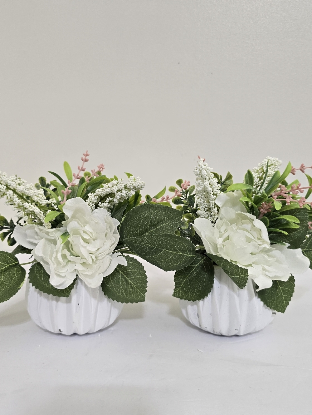 Artificial Floral Arrangement in White Ceramic Planter Set of 2 Solid Weight